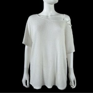 Lovely J Waffle Weave Asymmetrical Strappy Shoulder Tee